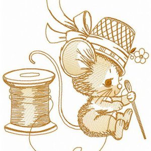 Mouse puts a string into a needle embroidery design