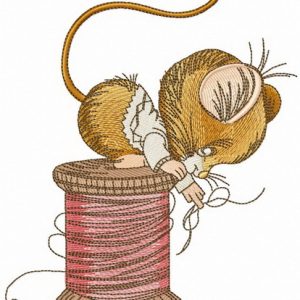 Mouse sitting on spool of threads embroidery design