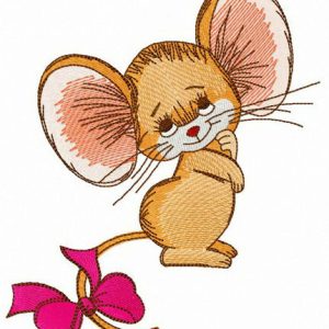 Mouse with bright pink bow embroidery design