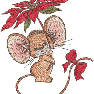 Mouse with bright pink flower embroidery design