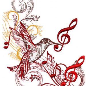 Musical humming-bird embroidery design