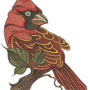 Northern cardinal sitting on tree branch embroidery design