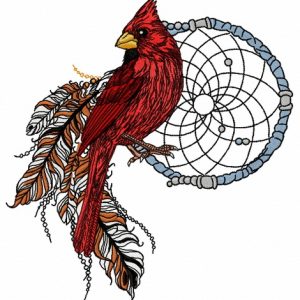 Northern cardinal with dreamcatcher embroidery design