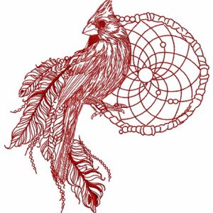 Northern cardinal with dreamcatcher one color embroidery design