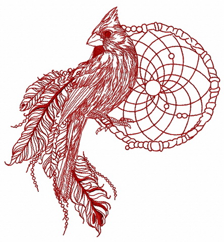Northern cardinal with dreamcatcher one color embroidery design