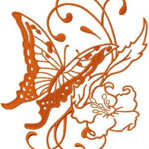 Orange vintage butterfly and flower embroidery design