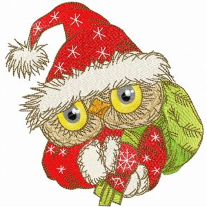 Owl in Santa hat with presents embroidery design