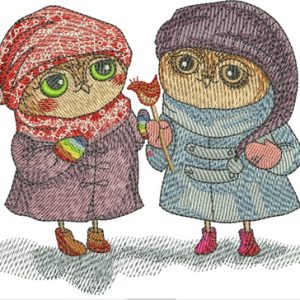 Owls in coats embroidery design