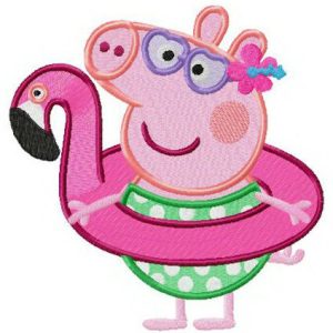 Peppa Pig with flamingo swim ring embroidery design