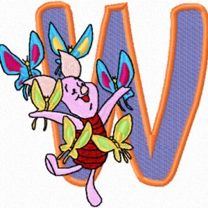 Piglet love butterflies letter W embroidery design