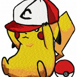 Pikachu in baseball cap embroidery design