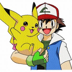 Pikachu with Ash Ketchum embroidery design