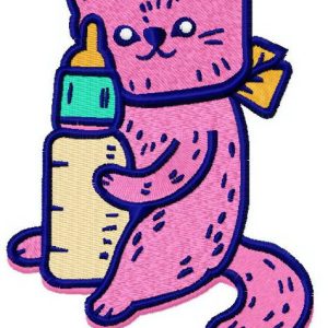 Pink cat with baby bottle embroidery design