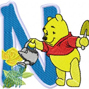 Pooh loving flowers Alphabet Letter N embroidery design