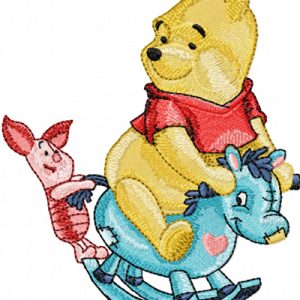 Winnie Pooh and Piglet riding Rocking Horse embroidery design