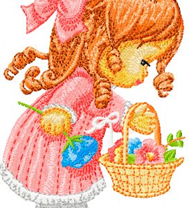 Little Cute Girl with a Basket of Flowers embroidery design