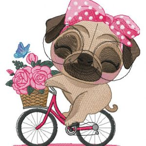 Pug-dog riding bike embroidery design