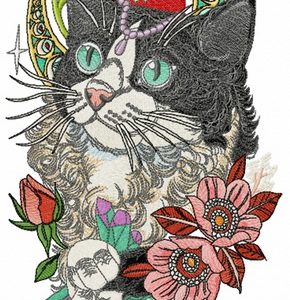 Rich black and white cat embroidery design