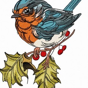 Robin on branch of holly 3 embroidery design
