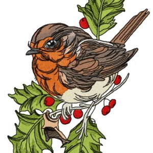 Robin on branch of holly  embroidery design