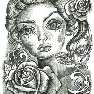 Romantic beauty with big eyes embroidery design