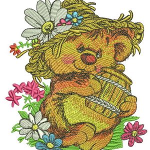 Rustic bear with honey pot embroidery design