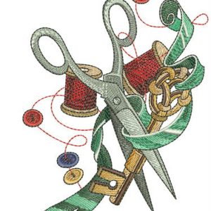 Scissors, ribbon, key and threads embroidery design