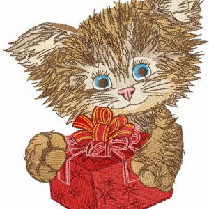 Shaggy cat with present embroidery design