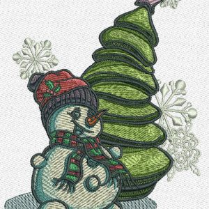 Snowman near fir tree embroidery design