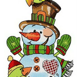 Snowman with couple of green birdies embroidery design
