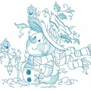 Snowman with his feathered friends embroidery design