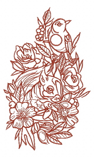 Squirrel and bird one color embroidery design