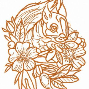 Squirrel and flowers one color embroidery design