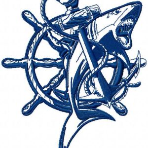 Wheel and wild shark embroidery design