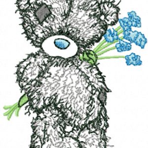 Teddy Bear with blue flowers applique embroidery design