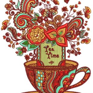 Tea time post card embroidery design