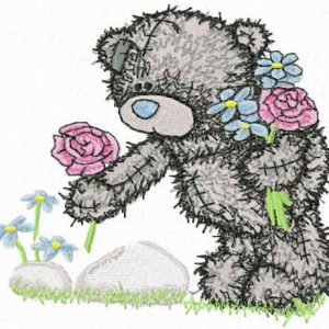 Teddy bear collects flowers embroidery design