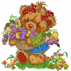Teddy bear collecting flowers embroidery design