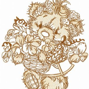 Teddy bear collecting flowers sketch embroidery design