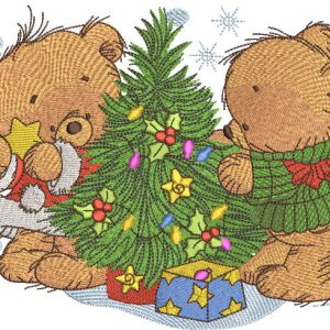 Bear decorating New Year tree embroidery design