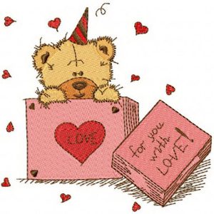 Teddy bear in box embroidery design