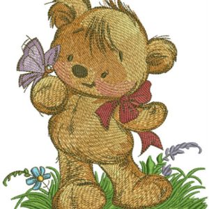 Teddy bear playing with butterfly embroidery design