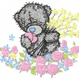 Teddy bear and the sea of flowers embroidery design