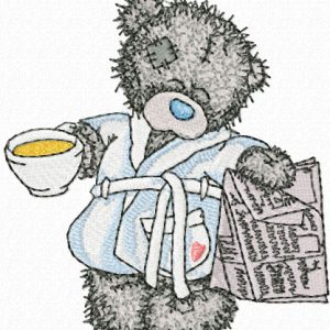 Teddy Bear favorite tea and evening newspaper embroidery design