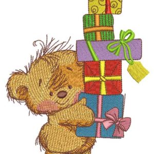 Teddy bear with gift boxes embroidery design