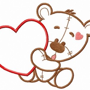 Teddy bear with huge heart applique embroidery design