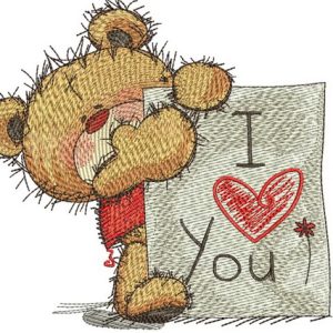 Teddy bear with I LOVE YOU board embroidery design