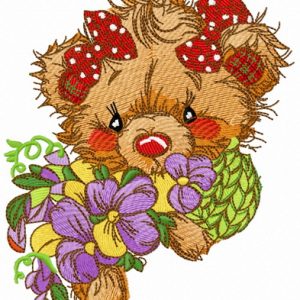 Teddy bear with pansies embroidery design