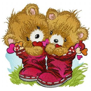 Teddy bears in boots embroidery design