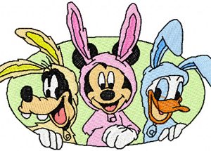 Easter bunnies Goofy, Mickey, Duck embroidery design